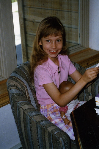 Christina (7) ready to start her school day, 1997.