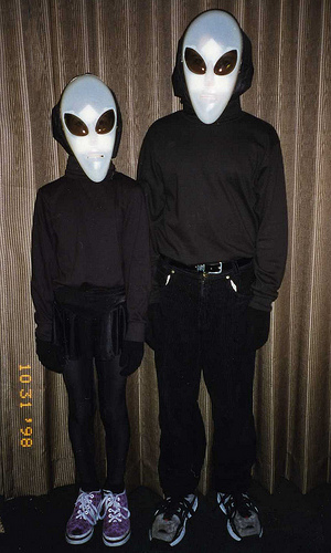 Christina (8) and Will (13) ready for a Halloween party for skaters, 1998