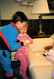 Will, almost 8, reading valentine cards to Christina, almost 3 - Valentine's Day 1993
