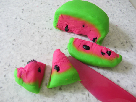 Watermelon Play Dough Slicing (Photo from No Time for Flash Cards)