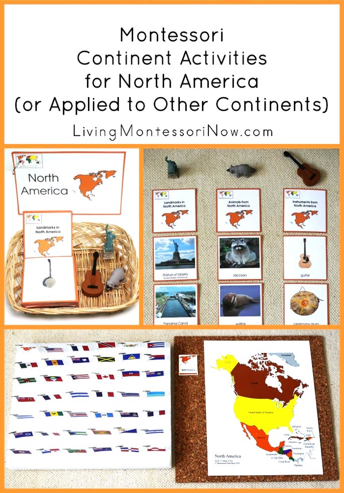 Montessori Continent Activities for North America text with collage of images of examples of lapbook style learning for kids