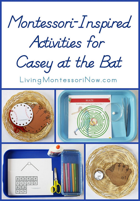 Montessori-Inspired Activities for Casey at the Bat text and image collage of different hands-on baseball themed activities