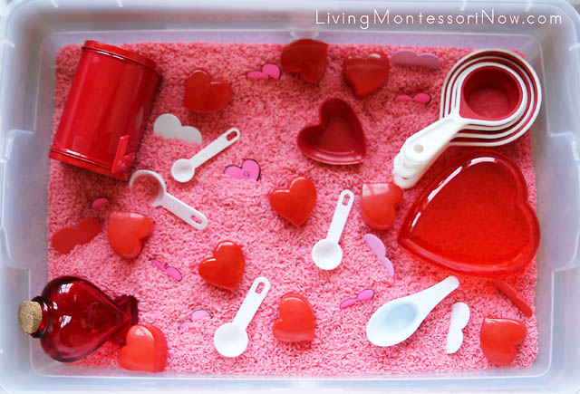 Sweet Valentine's Day Sensory Bin with Practical Life and Math