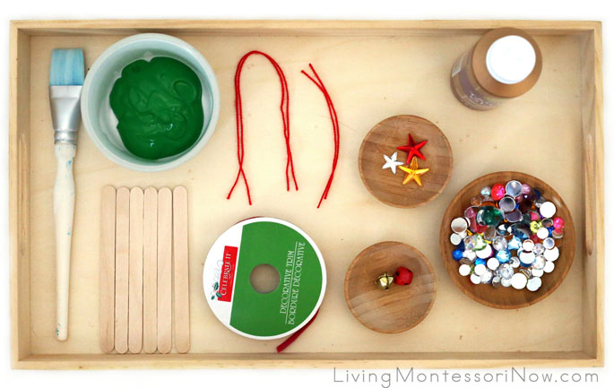 Montessori-Inspired Tray for Sparkly Craft-Stick and Jingle-Bell Christmas Tree Ornament