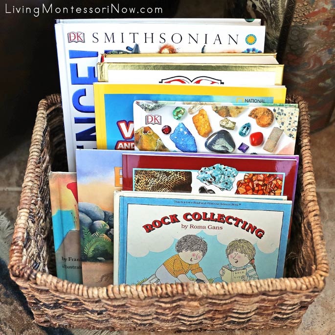 Montessori Book Basket with Books for a Rocks and Minerals Unit