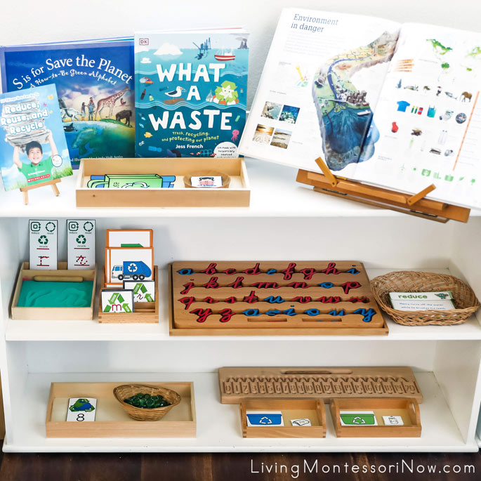 Montessori Shelves with Reduce, Reuse, Recycle Themed Activities
