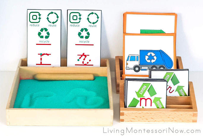 Reduce, Reuse, Recycle Salt Writing Tray with Alphabet Cards and Waste Management 3-Part Cards