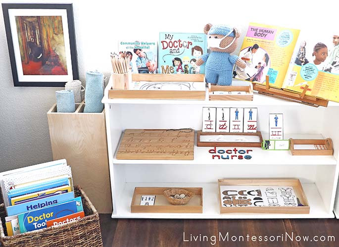 Montessori Book Basket and Shelves with Medical Worker Themed Activities