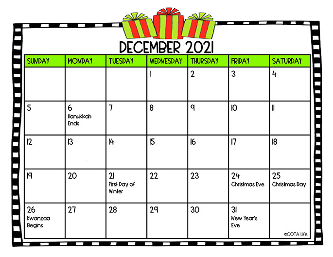 December 2021 Calendar from COTA Life at Teachers Pay Teachers