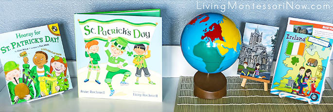 Montessori Shelf with St. Patrick's Day Books and Little Passports Ireland Activities