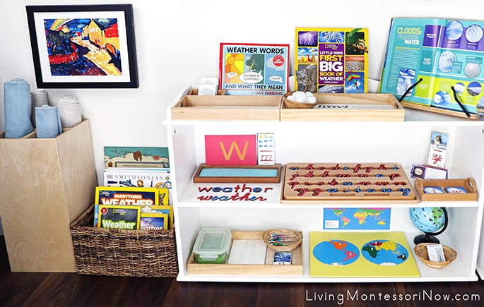 Montessori Book Basket and Shelves with Weather-Themed Activities