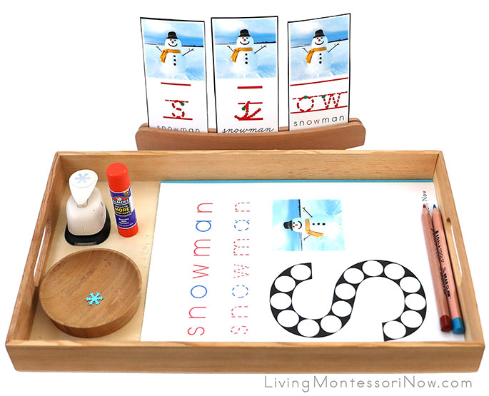 Tray with Snowman Do-a-Dot Printable and Snowflake Punch along with Snowman Font Cards