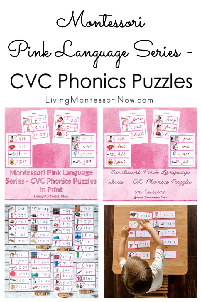 Montessori Pink Language Series - CVC Phonics Puzzles in Print or Cursive
