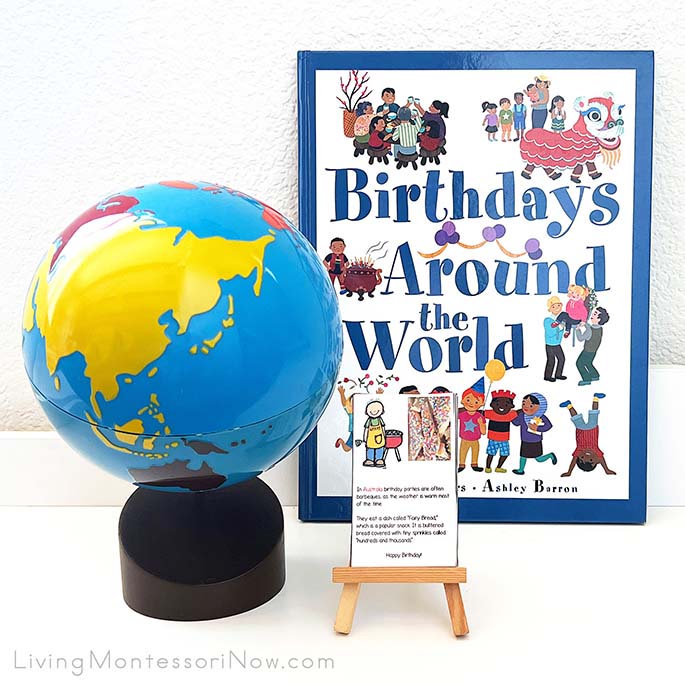 Montessori Continents Globe with Birthdays Around the World Book and Cards