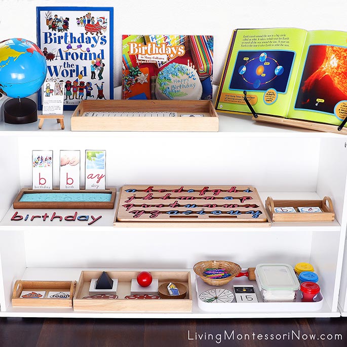 Montessori Shelves with Birthday-Themed Activities