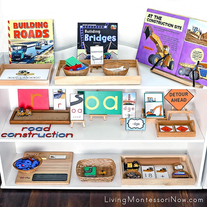 Montessori Shelves with Road Construction Themed Activities