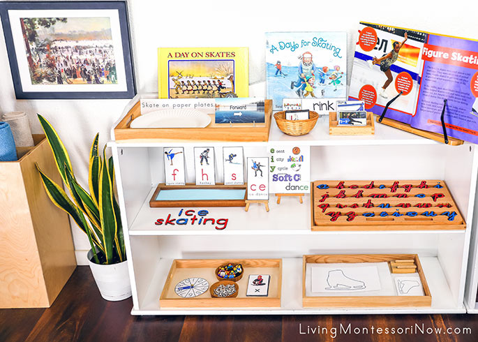 Montessori Shelves with Ice Skating Themed Activities and Renoir Art Print