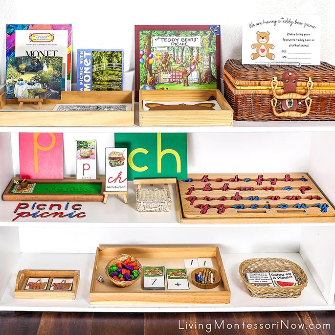 Montessori Shelves with Picnic-Themed Activities