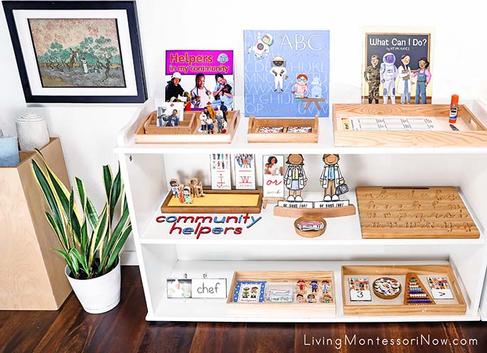 Montessori Shelves with Community Helpers Themed Activities and Van Gogh Art Print Montessori Shelves with Community Helpers Themed Activities and Van Gogh Art Print