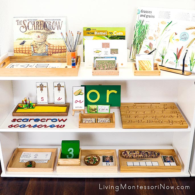 Montessori Shelves with Scarecrow and Corn Themed Activities Montessori Shelves with Scarecrow and Corn Themed Activities