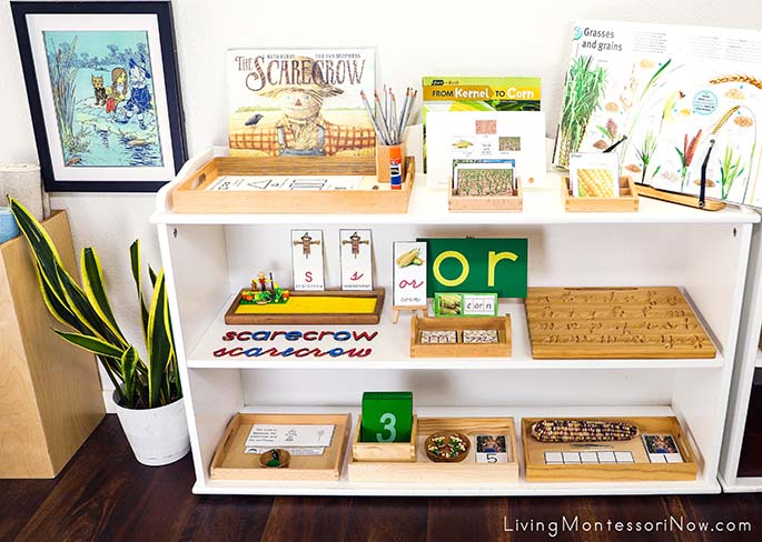 Montessori Shelves with Scarecrow and Corn Themed Activities with Art Print Montessori Shelves with Scarecrow and Corn Themed Activities with Art Print