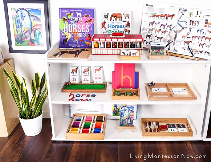 Montessori Shelves with Horse-Themed Activities and Blue Horse Art Print by Franz Marc Montessori Shelves with Horse-Themed Activities and Blue Horse Art Print by Franz Marc