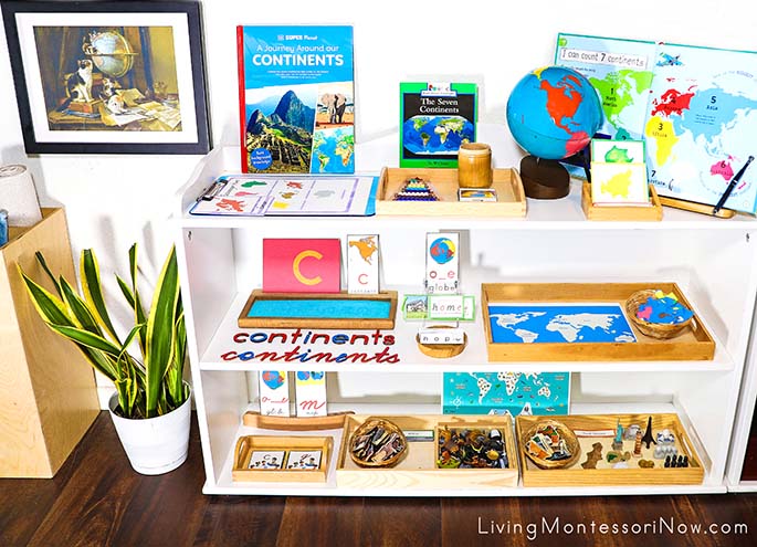 Montessori Shelves with Continents-Themed Activities and the Globetrotters Art Print Montessori Shelves with Continents-Themed Activities and the Globetrotters Art Print
