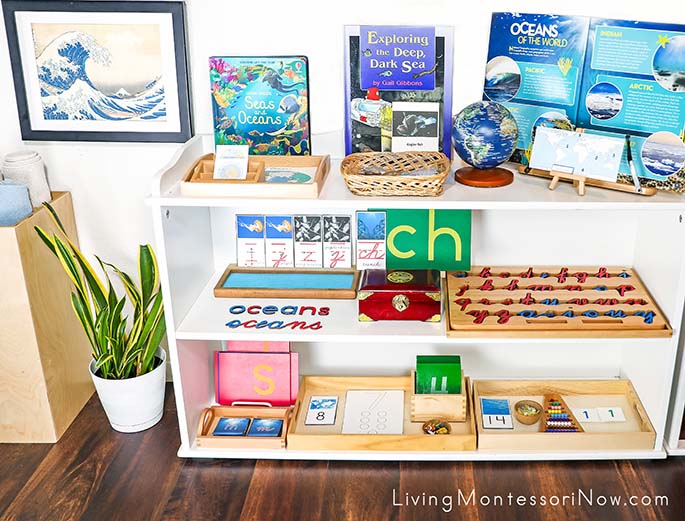 Montessori Shelves with Ocean-Themed Activities and The Great Wave Art Print Montessori Shelves with Ocean-Themed Activities and The Great Wave Art Print