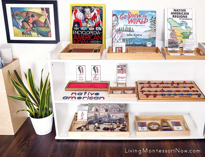 Montessori Shelves with Native American Themed Activities and Native Americans on Horses Art Print Montessori Shelves with Native American Themed Activities and Native Americans on Horses Art Print